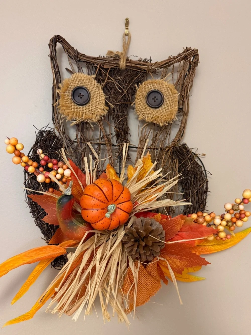 Rustic Fall Owl Grapevine Wreath 16in Autumn Harvest Pumpkin Berries - FALL